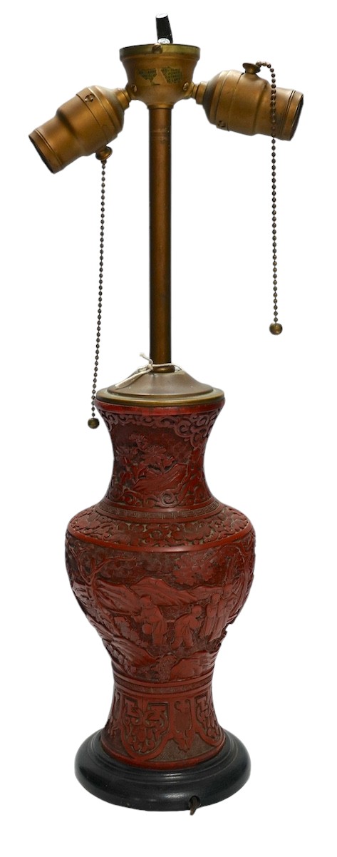 A 19th century Chinese cinnabar lacquer table lamp, 53cm high. Condition - good